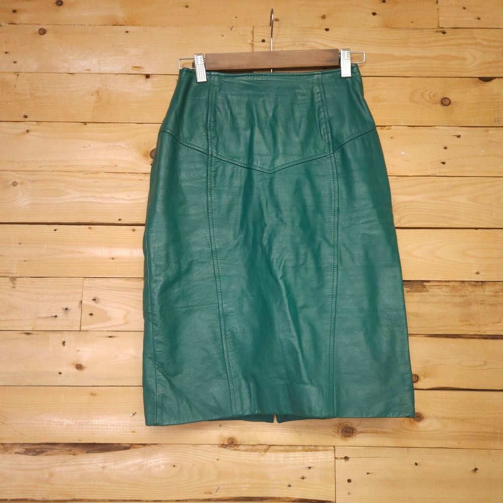 Chia Vintage Teal Green Leather Pencil Skirt Size 8 80s 90s